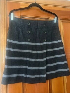 LOFT Black A-Line Knit Skirt with Gray Stripes and Double-Breasted Buttons